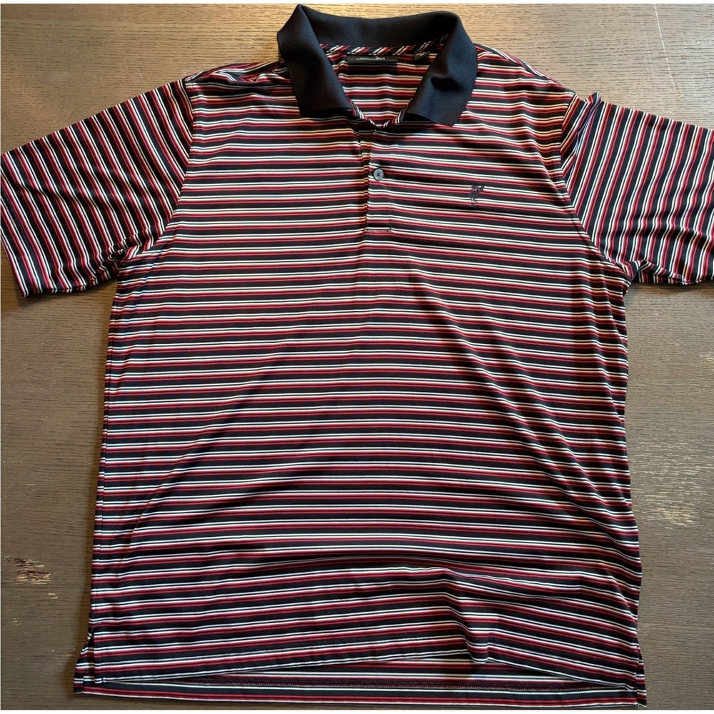 Ashworth Golf Mens XL Polo Shirt Red Black White Striped Short Sleeve Logo